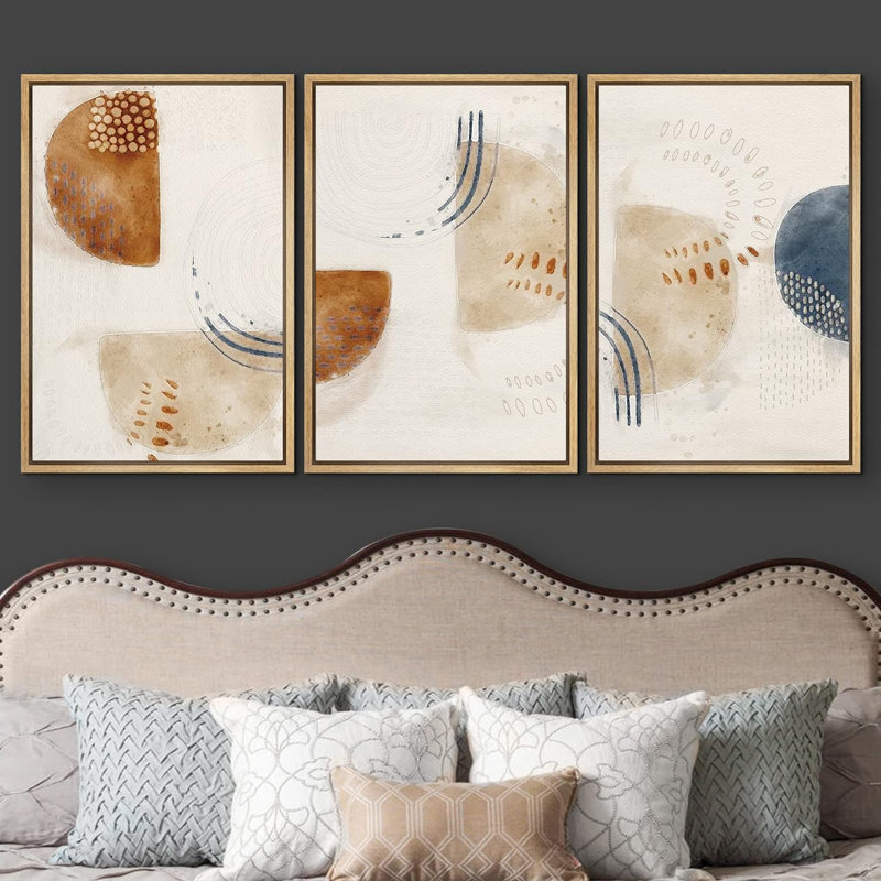 Style Mid-Century industriel, grunge, brun et brun clair, demi-cercles, formes abstraites, art moderne bohème neutre, 3 pièces