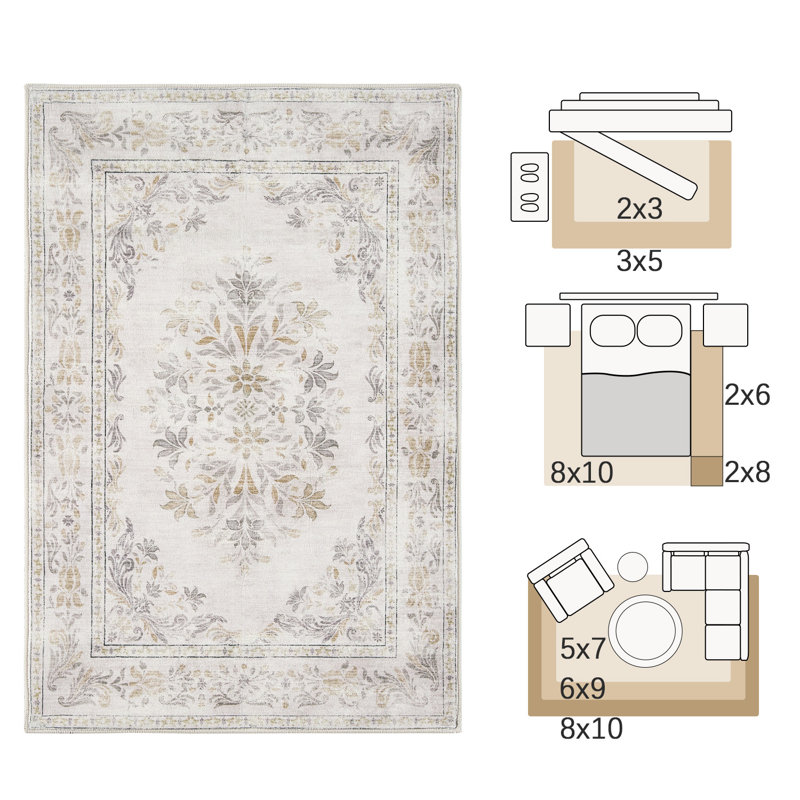 Vintage Floral Distressed Design Non-Slip Low-Pile Soft Thin Faux Wool Area Rug, Runner 2' x 6'