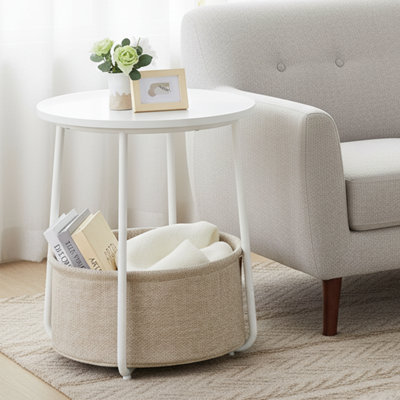 18" W Round End Table with Fabric Storage Basket, Modern Nightstand for Small Spaces, White and Brown