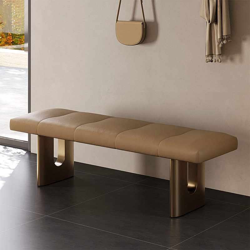 Light Yellow Modern Wood Upholstered  Bedroom and Entryway Leather Long  Bench, Light Yellow