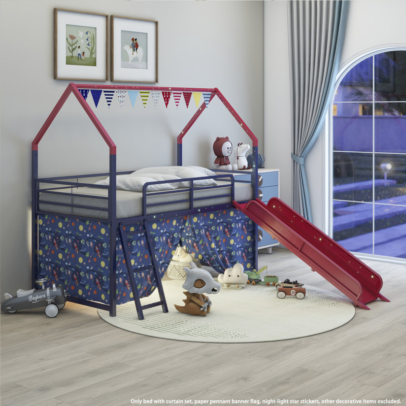 Ensemble lit mezzanine simple avec glissade et rideau Jack Junior