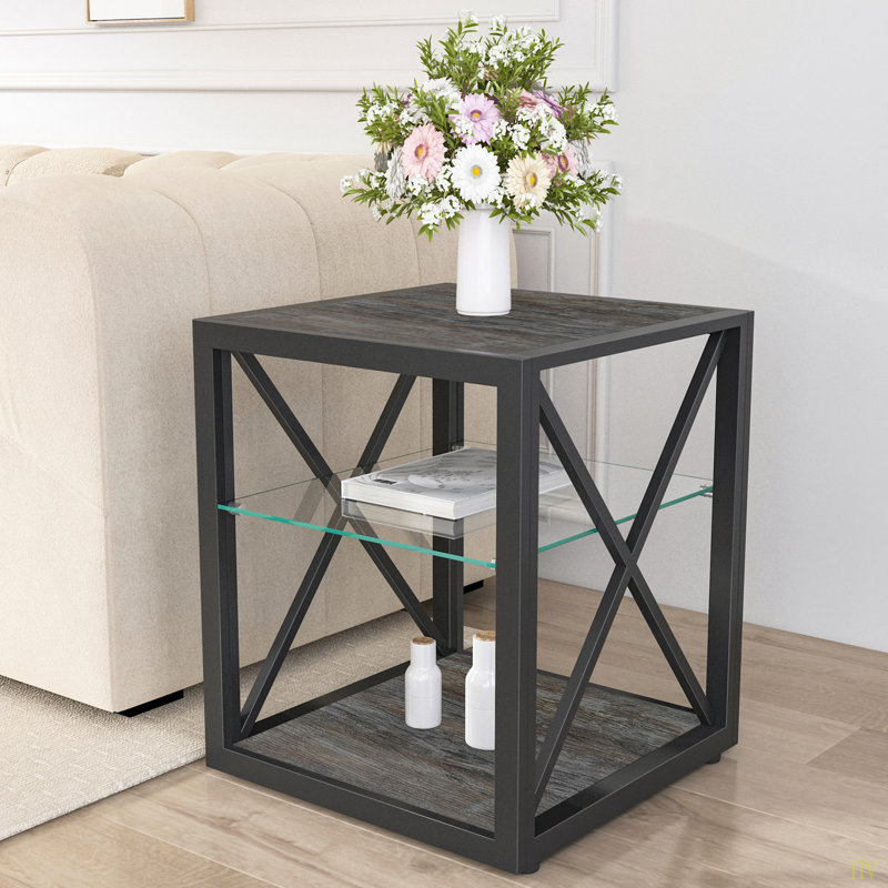 1 Piece Modern End Table Nightstand For Bedroom & Living Room, Tempered Glass MDF, Industrial Style Side Table, Gray
