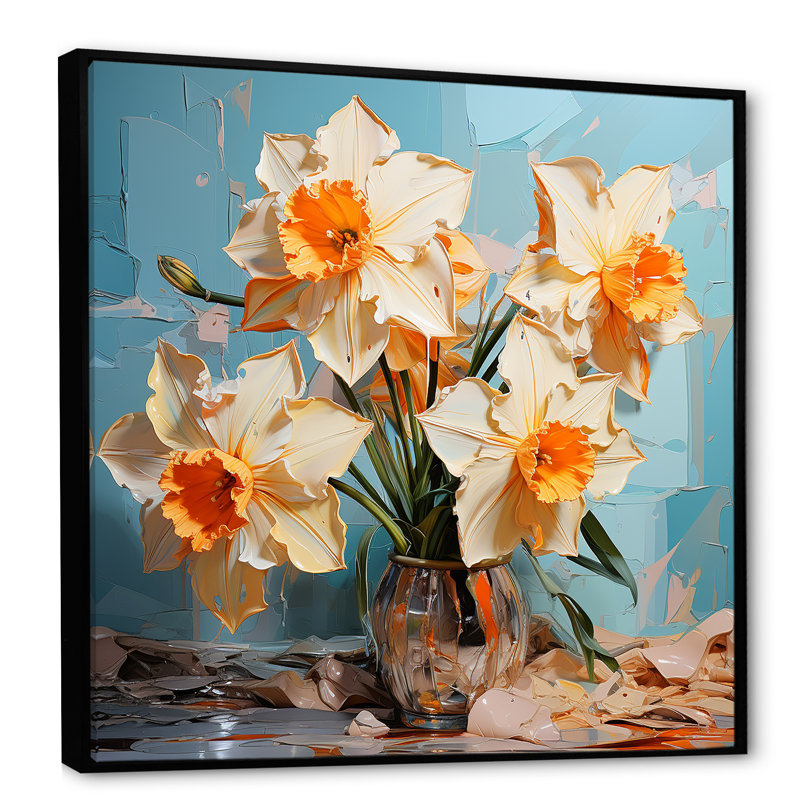 Jonquilles fleuries avec un pinceau féroce, Cadre flottant noir, H 36 po x l 36 po x P 1,5 po