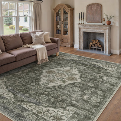 Vintage Medallion Machine Washable Area Rug With Non-Slip Backing