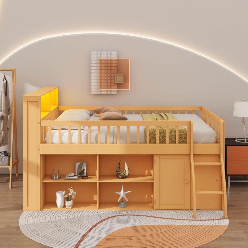 Lit mezzanine double avec tête de lit et lumières DEL, cadre de lit mezzanine en bois avec tablettes de rangement, Naturel