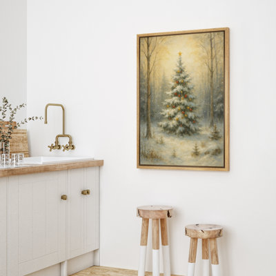«Blue Mist Snowfall Evergreen Pine Tree Winter Scene», reproduction d'art sur toile encadrée dans la chambre principale