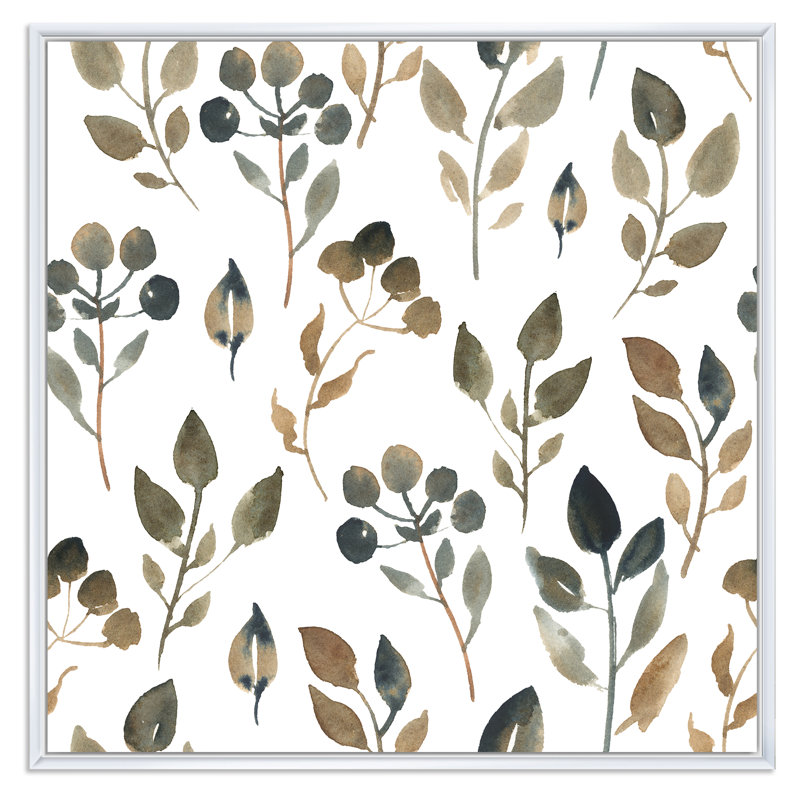 Feuilles brunes simples sur fond blanc - peinture sur toile, Cadre flottant blanc, H 30 po x l 30 po x P 1 po