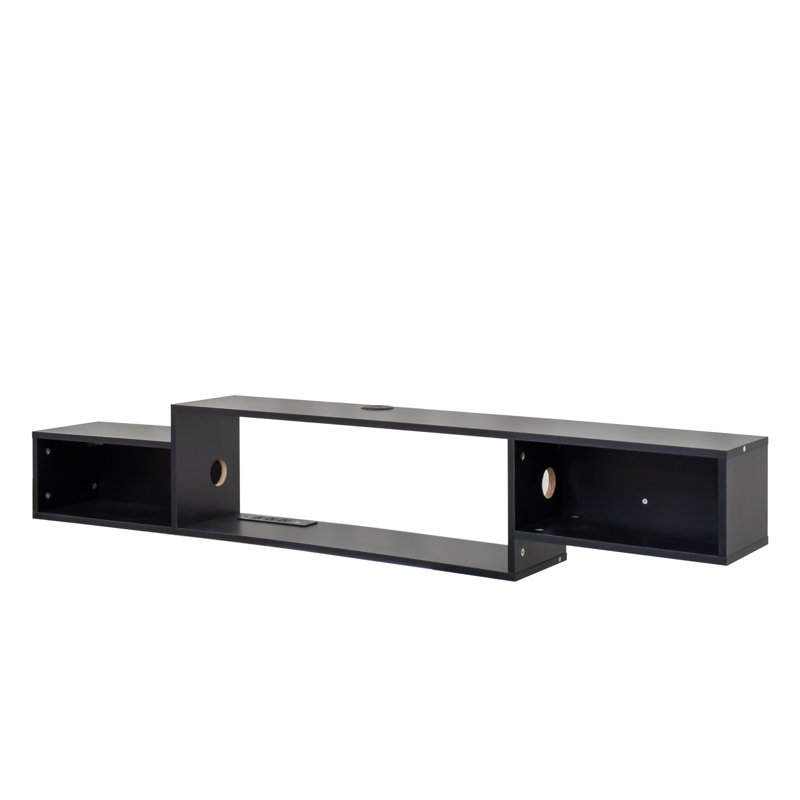 65" Wall Mounted Floating TV Stand with 20-Color LED Lights, Entertainment Center Shelf & Charging Station, Black