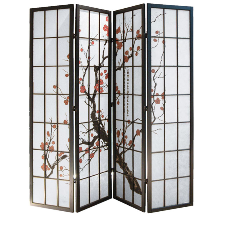 Paravent à 4 panneaux Sundar noir avec motifs de fleurs de prunier