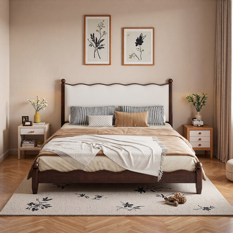 Lit plateforme en bois avec tête de lit tapissier festonnée, Grand lit, Beige/Espresso