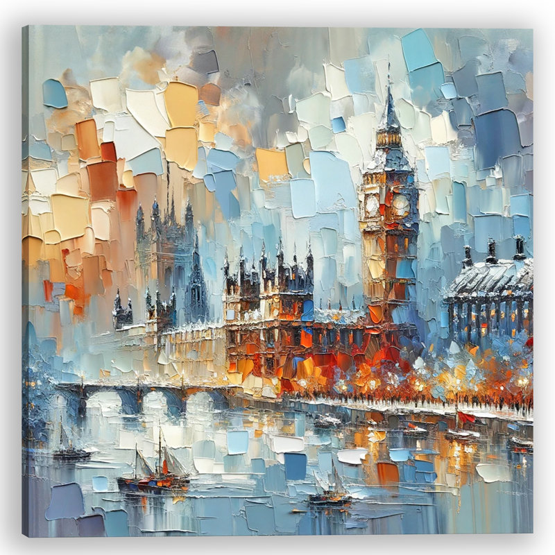 Reflections of Westminster - empâtement texturé de l'horizon historique de Londres sur toile, H 40 po x l 40 po x P 1,5 po