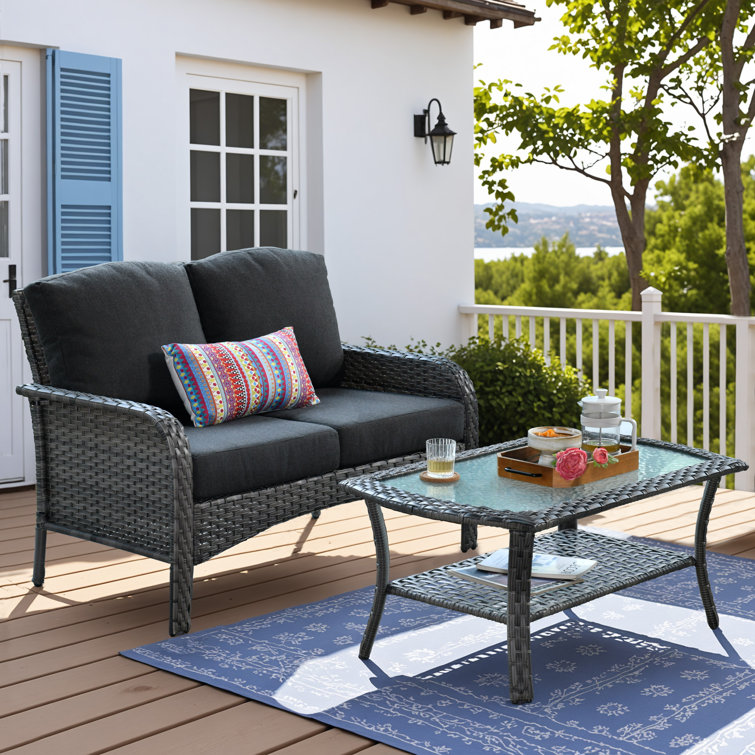 Allcot 2 - Person Outdoor Wicker Sofa with Glass Coffee Table, All Weather High Back Rattan Loveseat Couch with Comfy Cushions