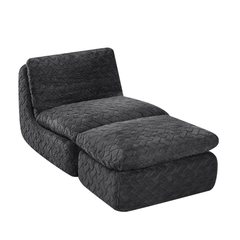 Upholstered Lazy Sofa Corduroy Bean Bag Chair With Ottoman, Black Corduroy