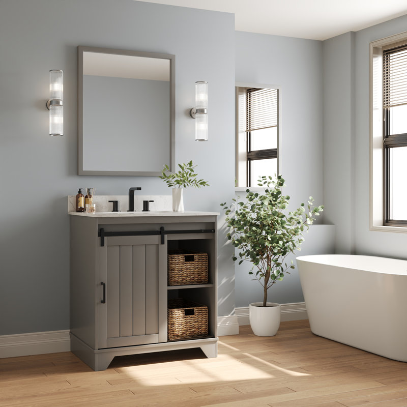 Gray 30" Freestanding Bathroom Vanity with Ceramic Sink and Storage Baskets