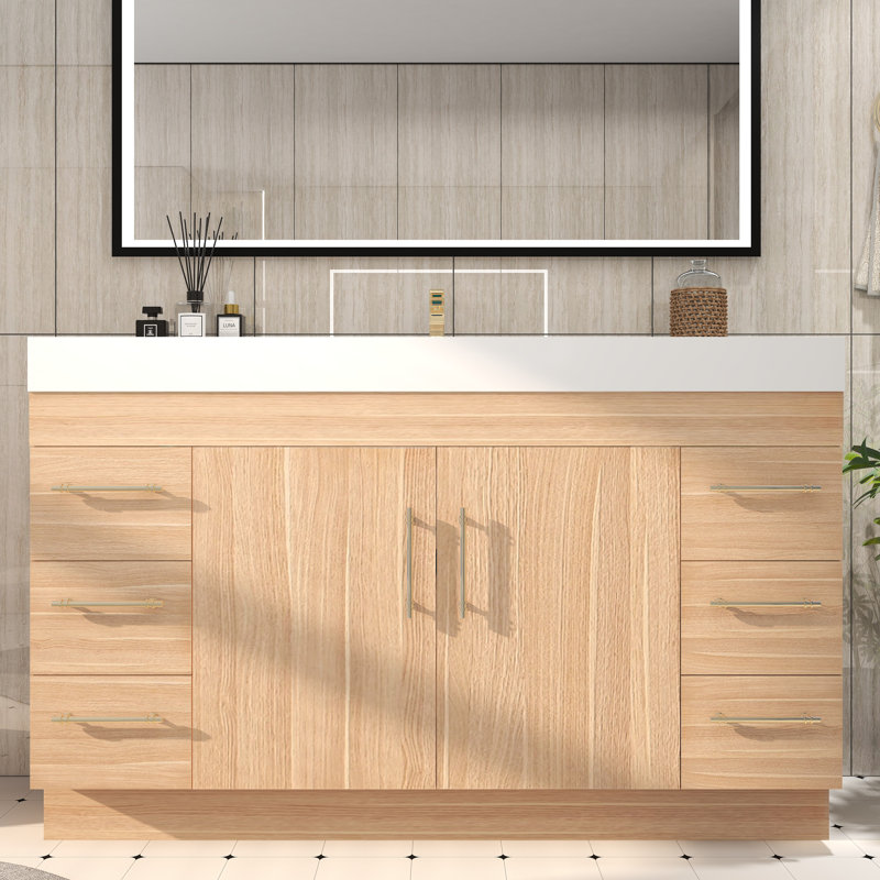 Ensemble de meuble-lavabo simple 59 "avec tiroirs et portes, Chêne champagne