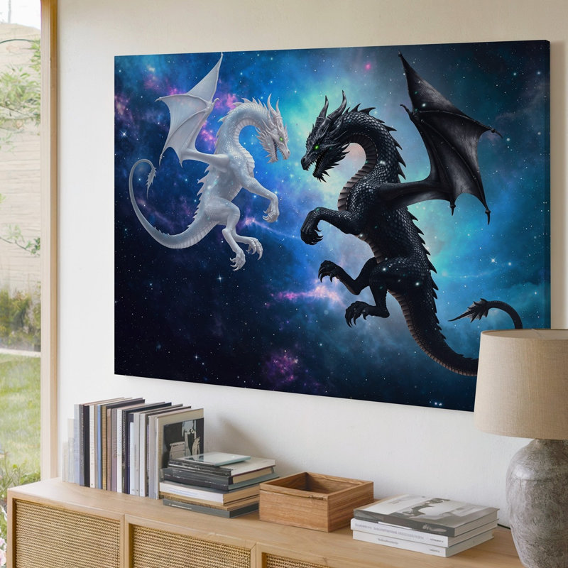 Toile, "Une scène dynamique" avec deux majestueux dragons en vol, H 30 po x l 30 po