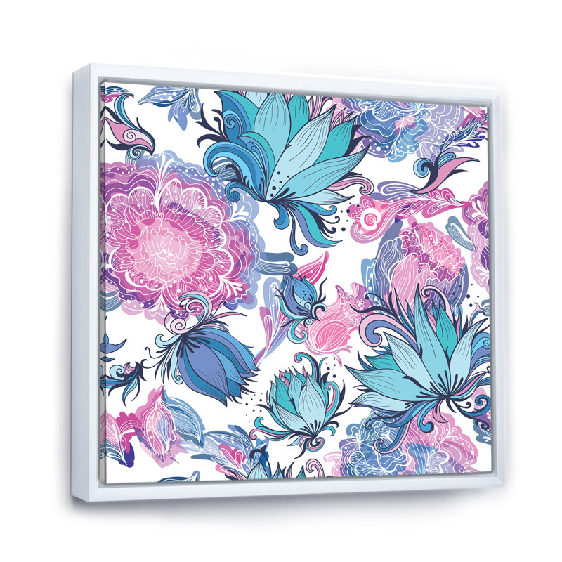 Fleurs romantiques élégantes en rose et bleu - Impression sur toile, H 16 po x l 16 po, Cadre flottant blanc