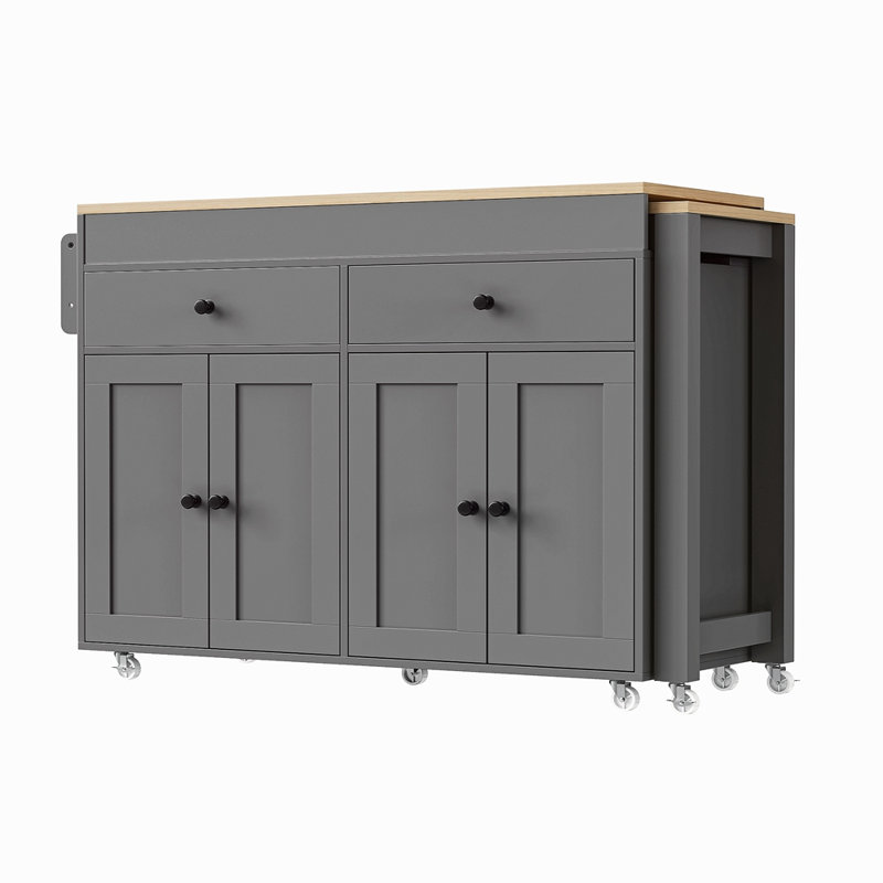 Îlot de cuisine 74,5 po avec table de salle à manger extensible, îlot de cuisine sur roulettes avec support à épices et 2 tiroirs, armoire à 4 portes, pour la cuisine, la salle à manger (deux ensembles)