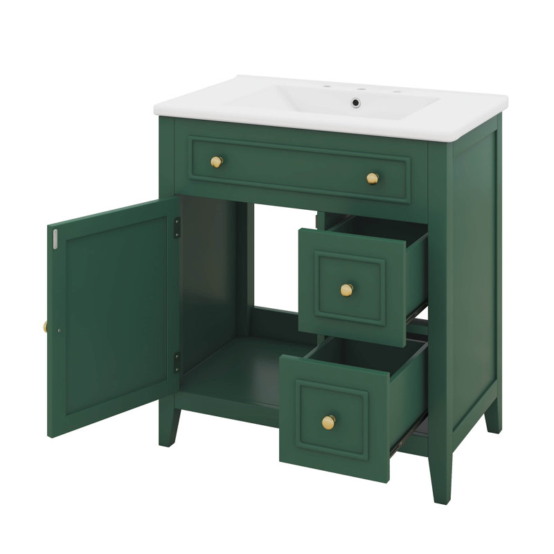 Meuble-lavabo 30 po avec comptoir de lavabo, structure en bois massif, armoire avec porte et 2 tiroirs, Vert