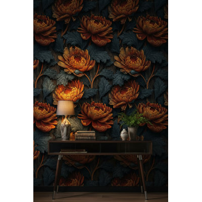 Papier peint floral avec fond orange foncé