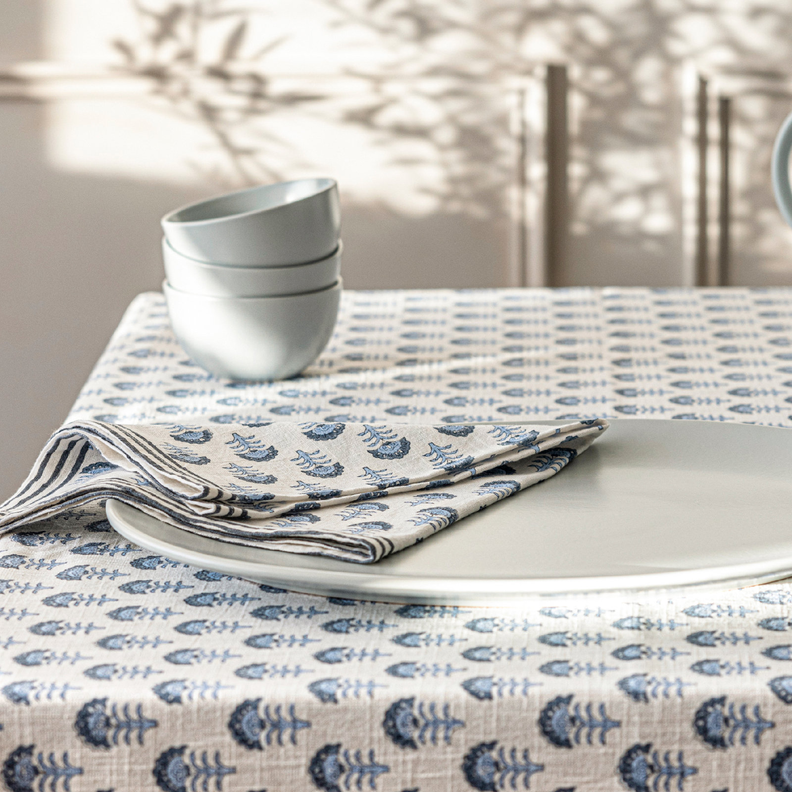 over&back Hand-Blocked Tablecloth, 70" W x 90" L, Blue Flower