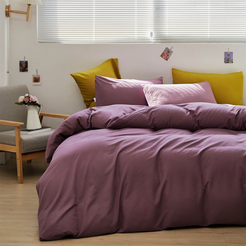Solid Color Comforter Light Color 3 PCs Bedding Set Pure Color Bed Comforter Set, Queen Comforter + 2 Pillowcases, Purple