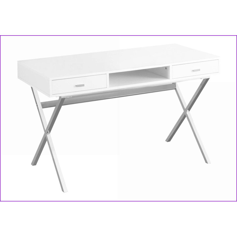 Bureaux, bureau d'ordinateur moderne de 48 po avec tiroirs de rangement et tablette ouverte, stratifié blanc brillant et métal chromé | Blanc | Panneau de particules