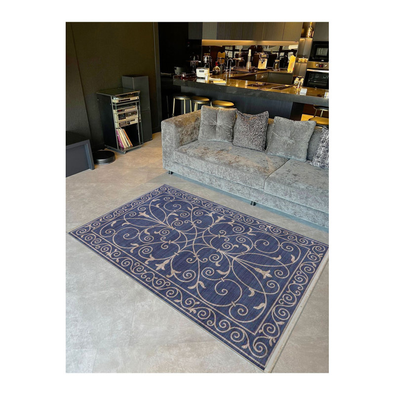 Tapis bleu marine à motif tissé délavé à la machine, Sous-tapis rectangulaire 2 pi 6 po x 4 pi 11 po