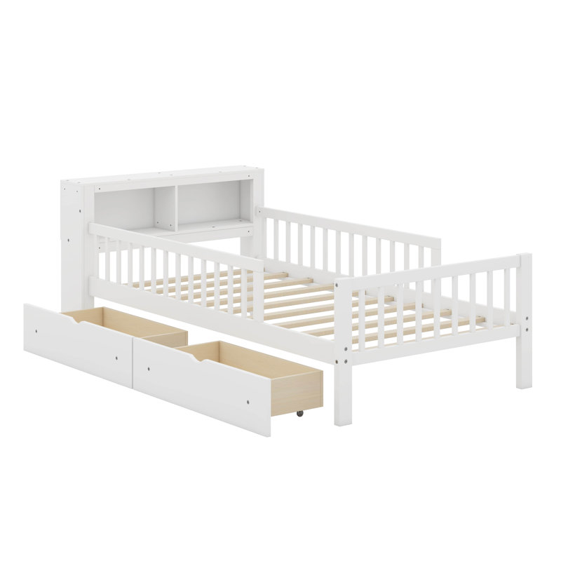 Structure de lit simple en bois avec deux tiroirs de rangement sous le lit et une barrière de sécurité à trois côtés, Blanc