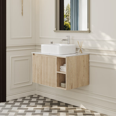 Meuble-lavabo mural de 76 cm avec lavabo en céramique, armoire en bois cannelé, meuble-lavabo suspendu avec étagères ouvertes et rangement dissimulé, fini chêne naturel