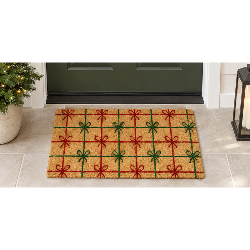 Tapis de porte antidérapant en fibre de coco avec support PVC 18 x 30 cm - Tapis de porte festif en fibre de coco à motif d'emballage cadeau