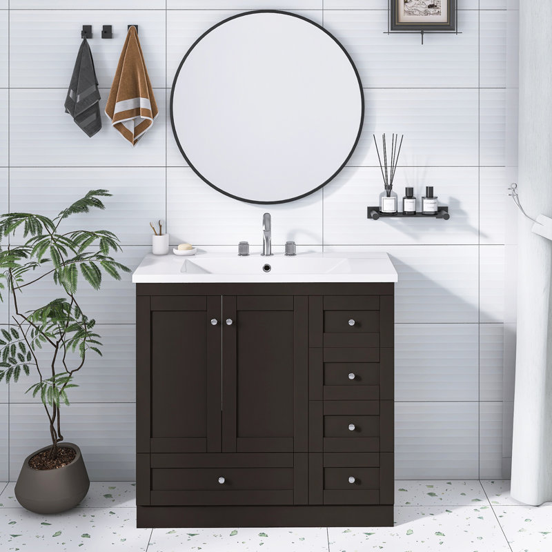 36 pouces Ensemble de meuble-lavabo autoportant noir avec lavabo simple en résine |  4 tiroirs à fermeture douce et 2 portes à fermeture en douceur | Armoire de rangement moderne