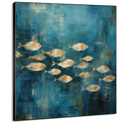 Impression sur tissu grand format - Motif abstrait de banc de poissons bleu sarcelle et or pour salon ou chambre - « Assemblage du cadre requis (cadre non fini) »