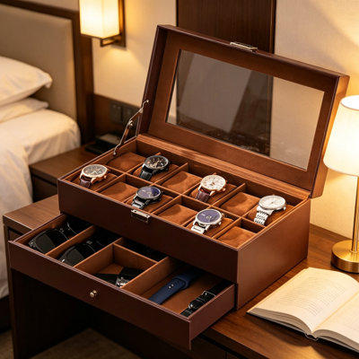 12 Slot Watch Box for Men, 2-Layer Watch Display Case with Drawer, Glass Lid Watch Organizer with PU Leather Exterior, Jewelry Storage for Watchbands, Cufflinks, Rings, and Necklaces