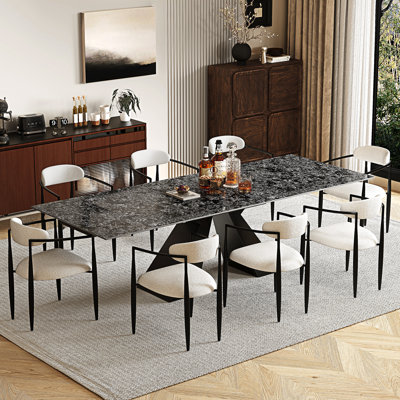 9-Piece Modern 110.24'' Extendable Sintered Stone Dining Table Set With 8 Upholstered Fabric Arm Chairs