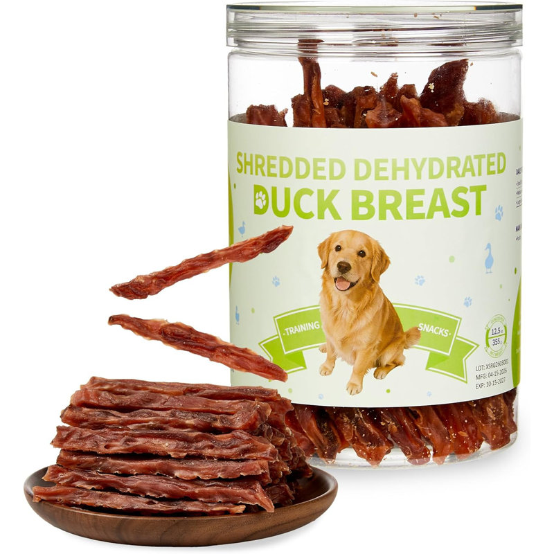 Gâteries de canard séchées pour canard, pot de 12,5 oz, collations d'entraînement moelleuses à faible teneur en matière grasse, gâteries de poitrine de canard déchiquetables pour chiens de petite, moyenne et grande race