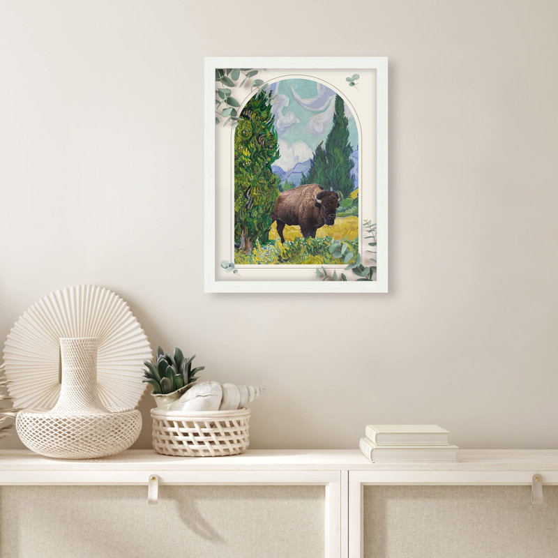 «Bison Buffalo Cypress Tree Landscape» sur papier, Blanc