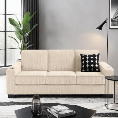 83.86 Corduroy Fabric Sofa, Modern 3-Seater Couch with Built-In Cup Holders, Durable and Pet-Friendly