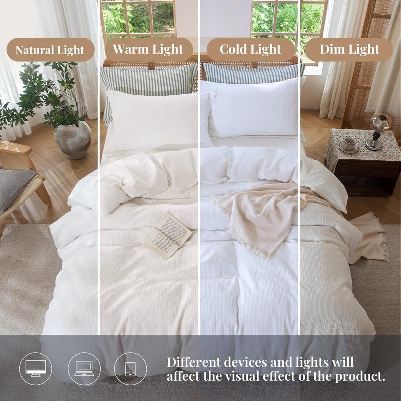 Ensemble de housse de couette 100% coton texturé à rayures, Housse de couette pour très grand lit et 2 taies , Blanc