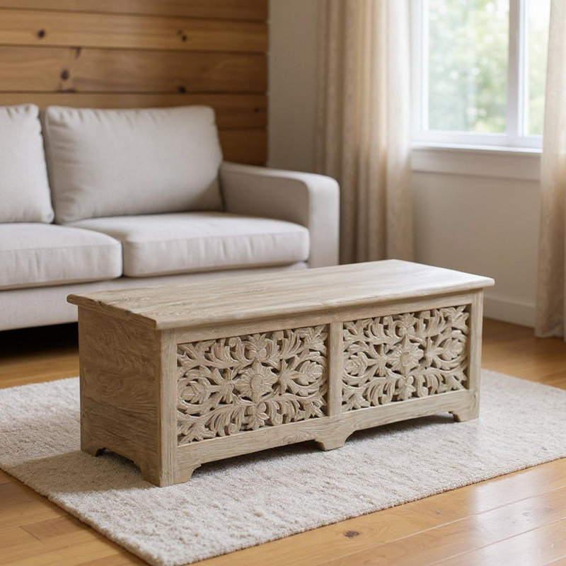 Repose-pieds 52 po avec rangement floral sculpté en bois massif gris vieilli