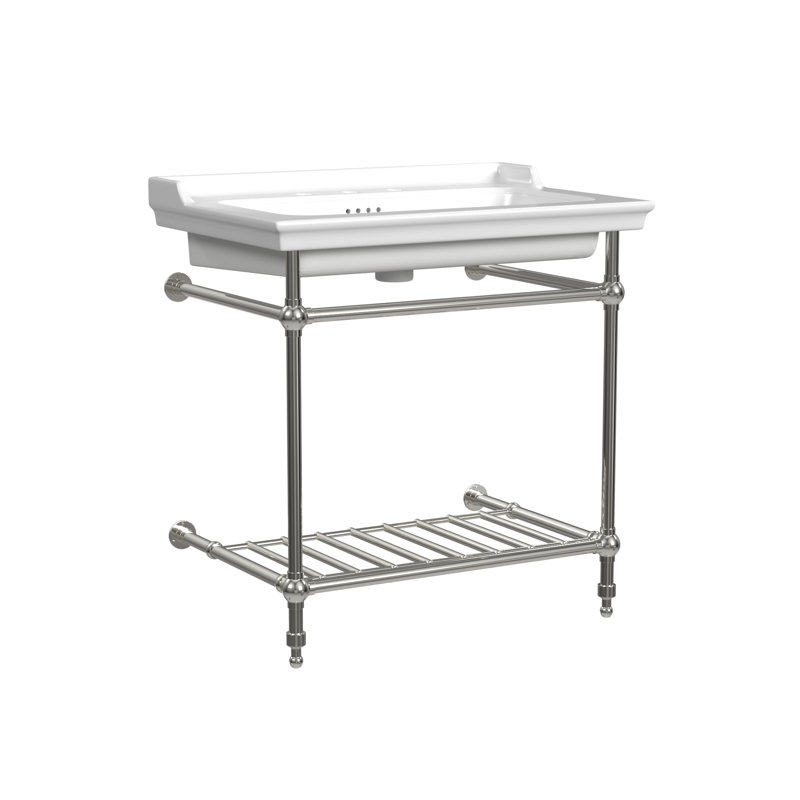 Gloss White Fireclay Rectangular Console Bathroom Sink with Overflow, 8" Centers, Chrome