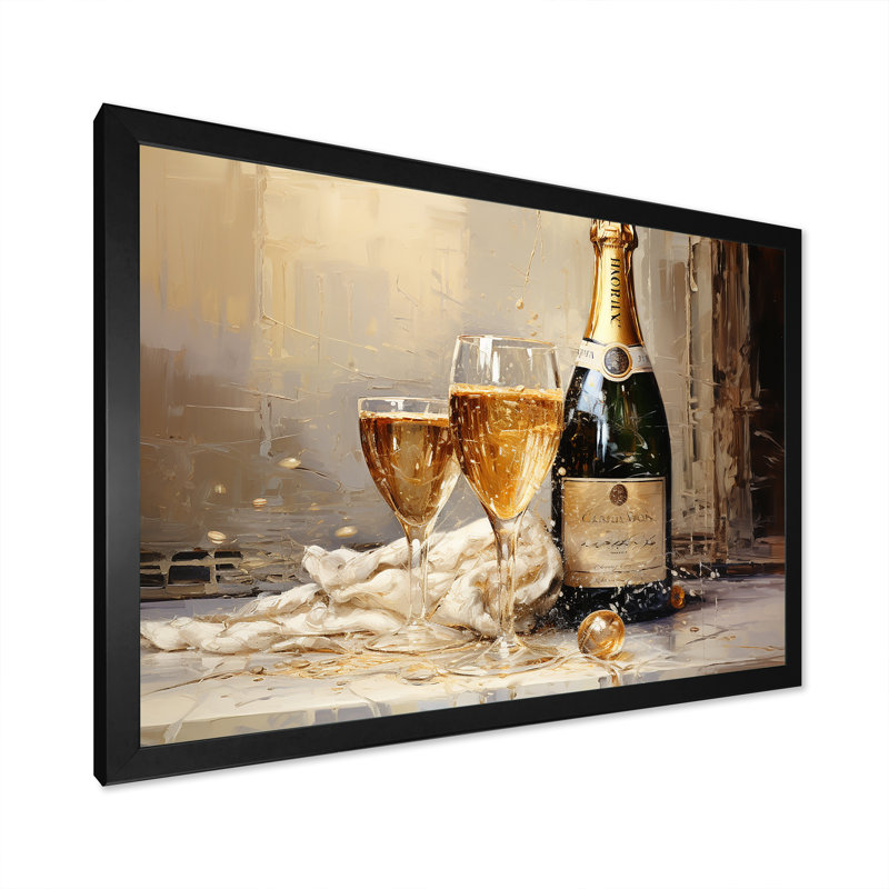 Golden Champagne In Glass II - Wine & Champagne, reproduction d'art sur toile, Cadre simple noir