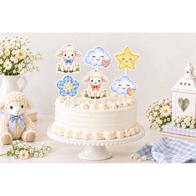 Décorations de gâteaux patchwork pour petit agneau, figurines matelassées mouton nuage étoile pour fête prénatale, pics en carton