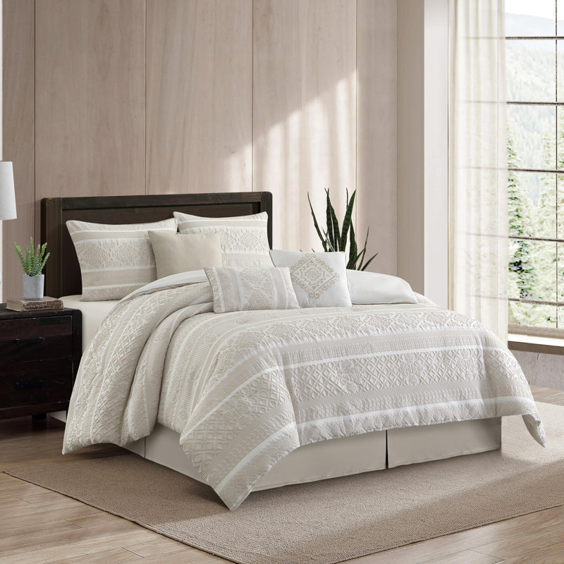 Ensemble d'édredon en jacquard beige 7 pièces Ilaria, Grand édredon et 6 pièces supplémentaires, Beige