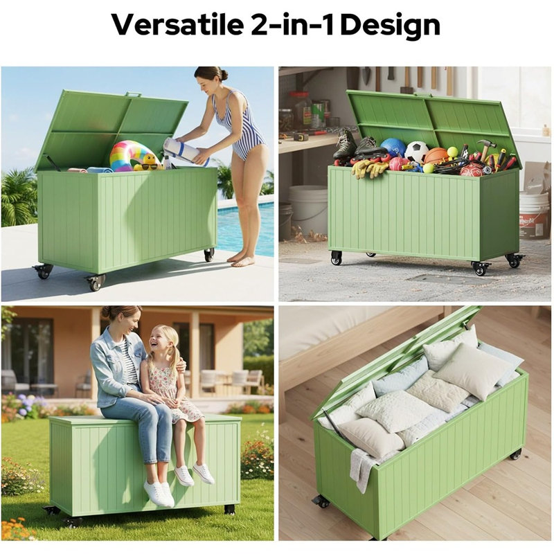 150-Gallon Outdoor Metal Storage Box With Wheels – Waterproof Deck Chest For Patio, Backyard, Pool Toys, Garden Tools, And Cushions (Green)