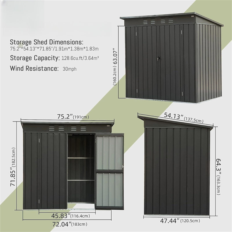 Backyard Storage Shed With Sloping Roof Galvanized Steel Frame Outdoor Garden Shed Metal Utility Tool Storage Room With Latches And Lockable Door (6X4ft)