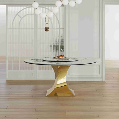 Round Sintered Stone Dining Table Set With Stainless Steel Hourglass Base  - Modern Luxury Marble-Look Kitchen Table, Scratch & Heat Resistant Surface
