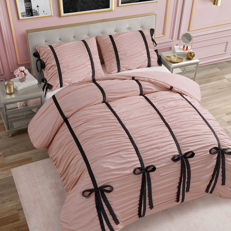 Juicy Couture Amelie Bows Ruched Comforter Sets, Light Pink, Queen Comforter + 2 Standard Shams