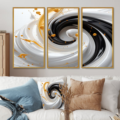 Ensemble de salon tourbillonnant jaune noir et blanc - spirales abstraites