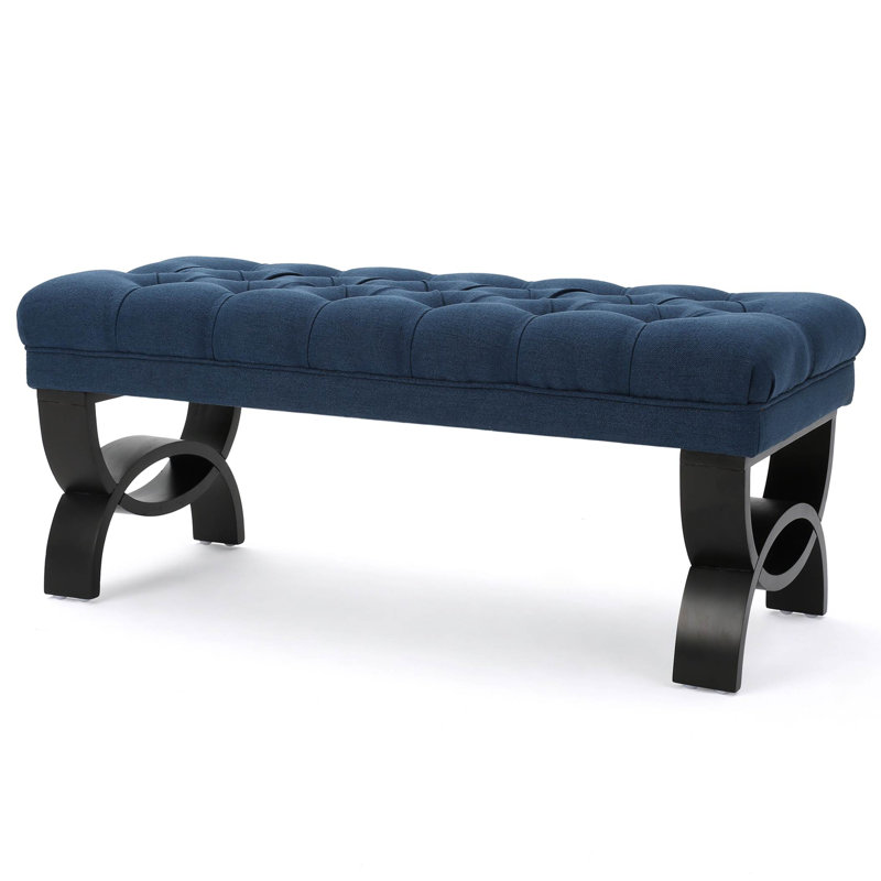 Banc rembourré et capitonné avec pieds en bois de bouleau Beene, Tissu bleu foncé